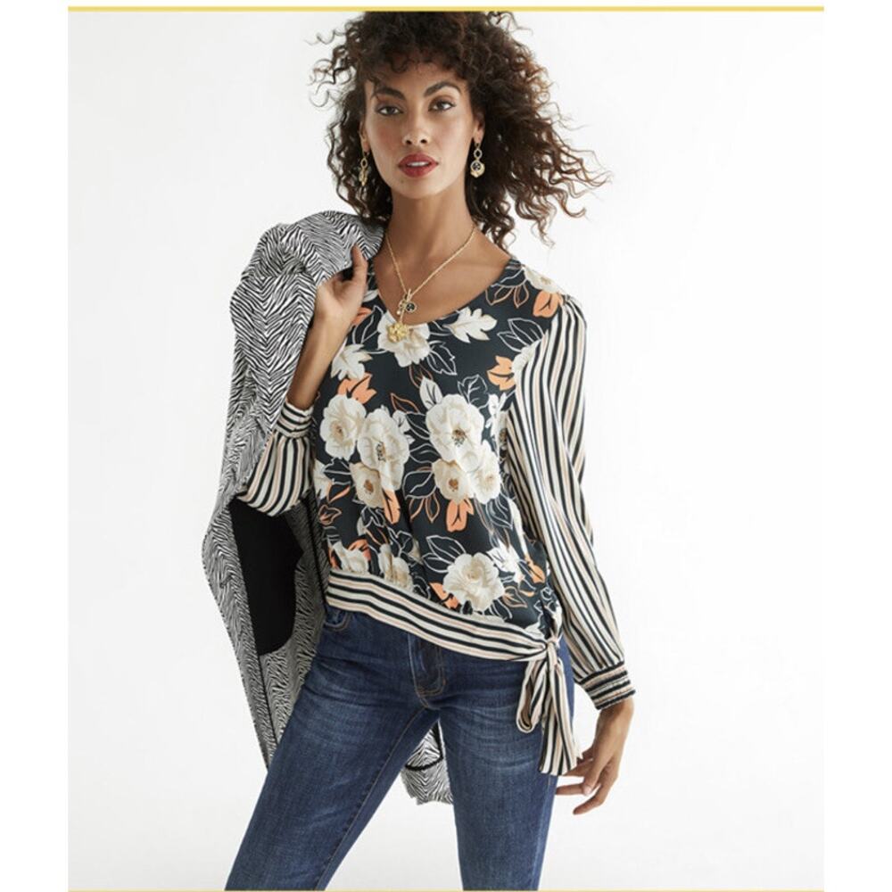 Cabi Floral Striped Enchant Blouse long sleeve M